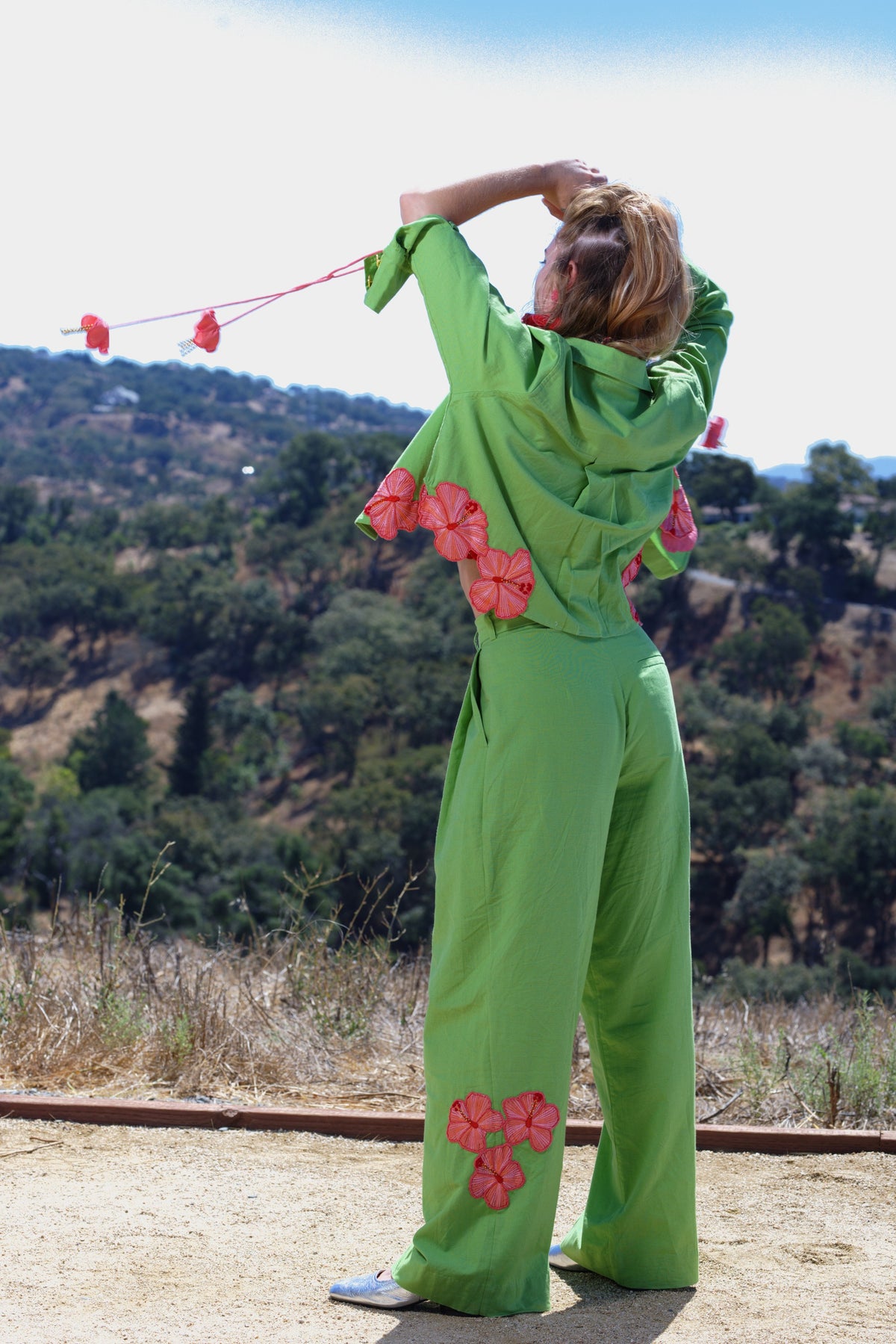 The Prana Bloom linen shirt, worn among the rocks
