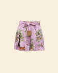 Pleated mini shorts with a floral pattern, a purple waistband, and a detachable embellished belt with gold accents.