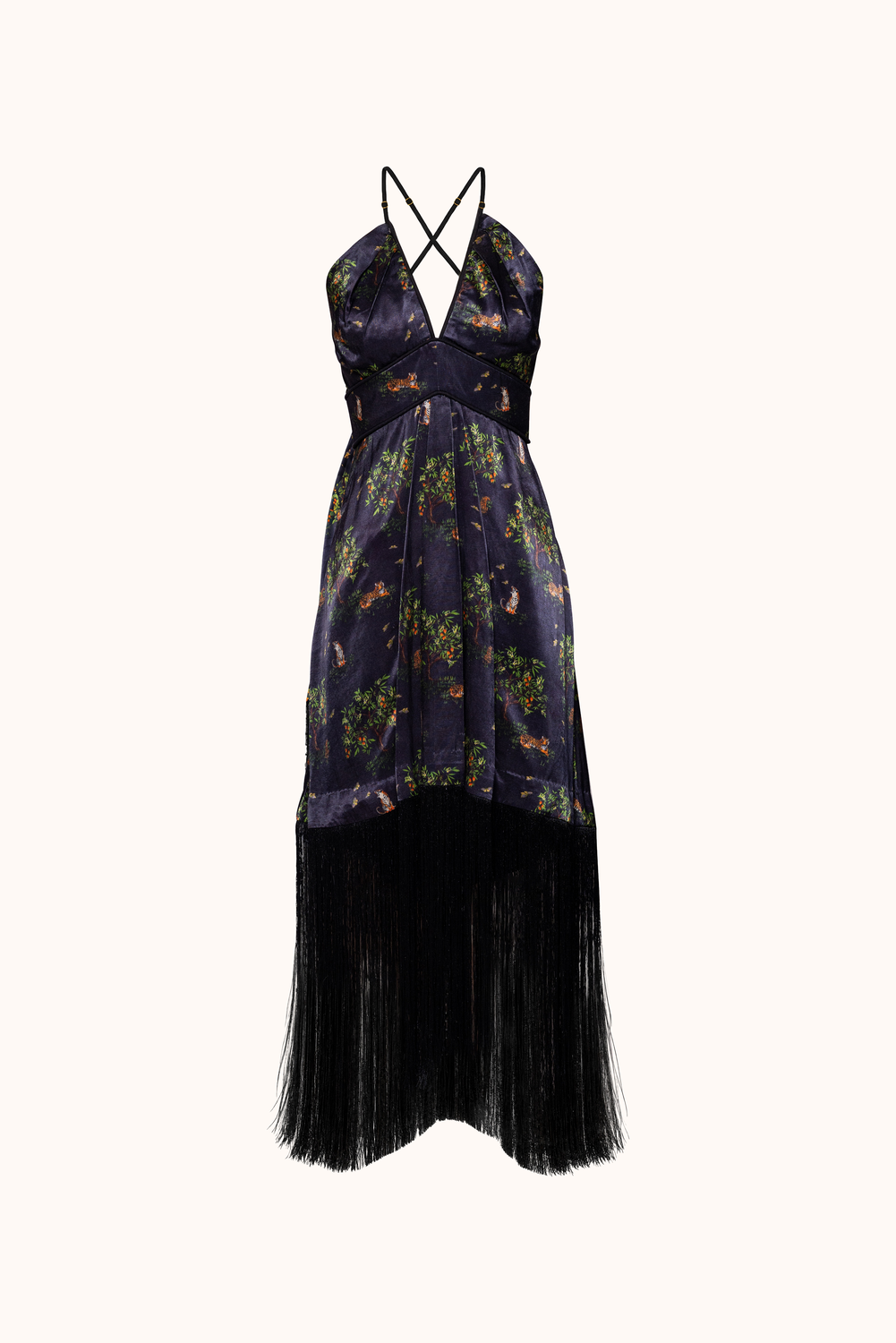 Shanti Tiger Black Backless Fringe Midi Dress