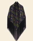 A navy blue viscose scarf with a floral pattern and fringe detailing along the edges.