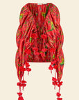 Red floral scarf with floral tassels and green parakeet print