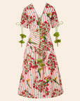 Red and white striped dress with floral and bird pattern on a beige background