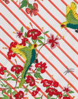 Embroidered design of birds and flowers on a striped background