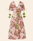 Red and white striped dress with a floral and bird pattern on a beige background