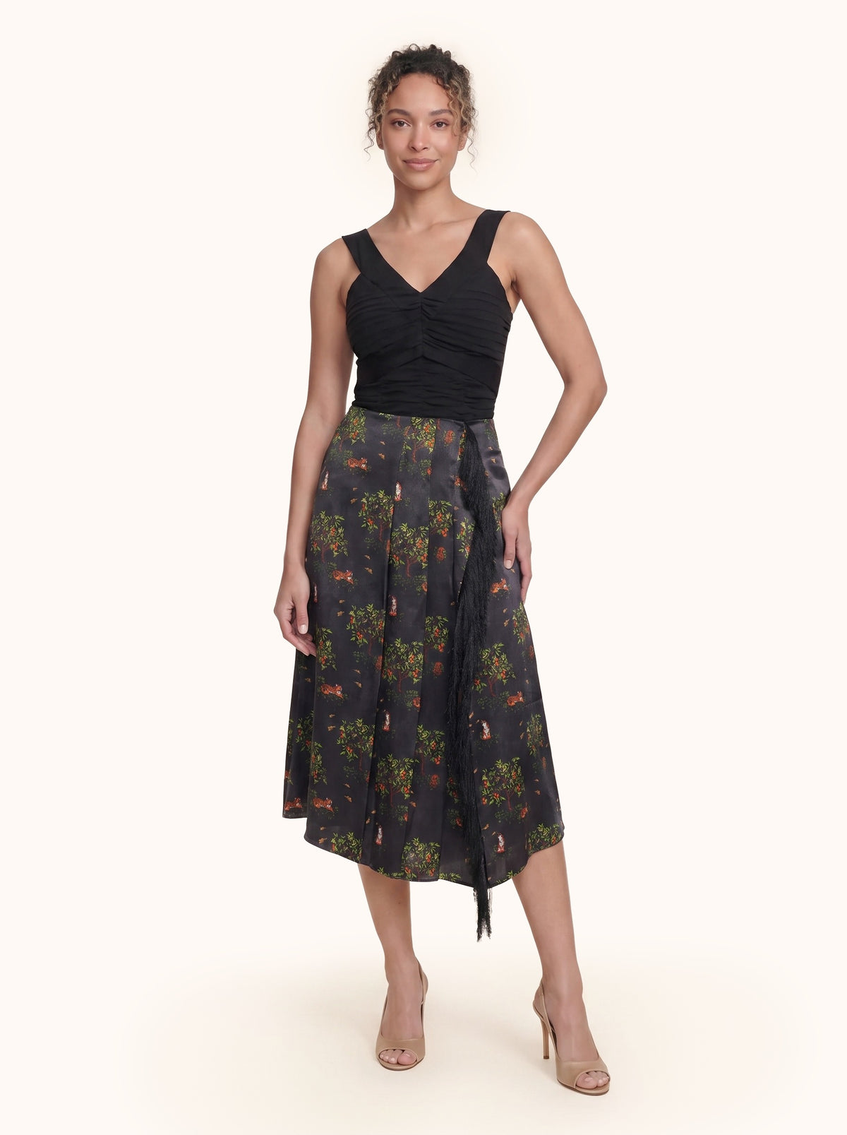 The Black Shanti Tiger Pleat Skirt with Fringe