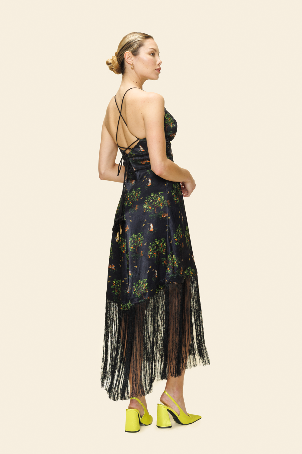 black floral backless dress Sahalia Black Floral Satin Backless Midi Dress