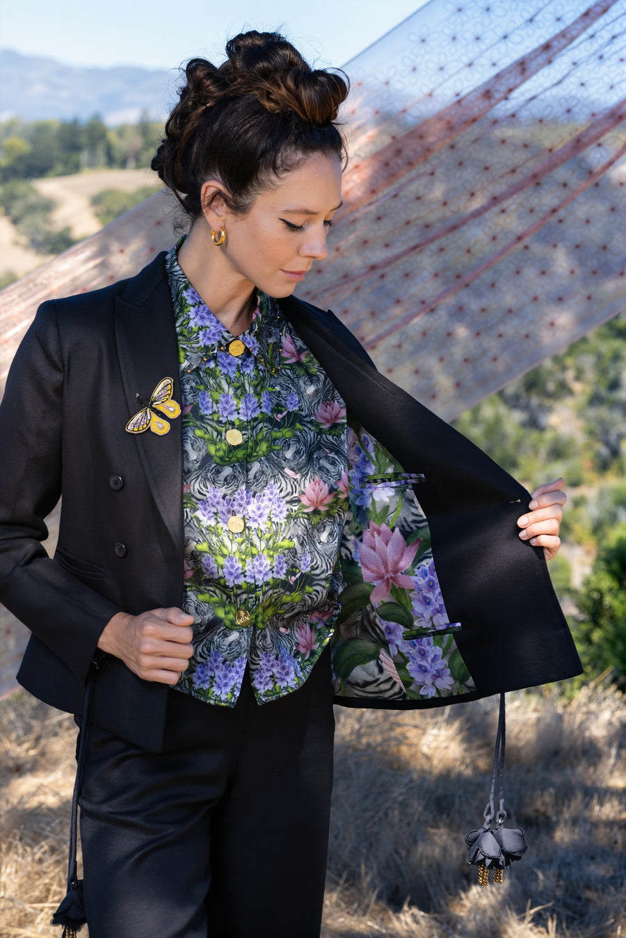 Black linen blazer and pant worn as a suit
