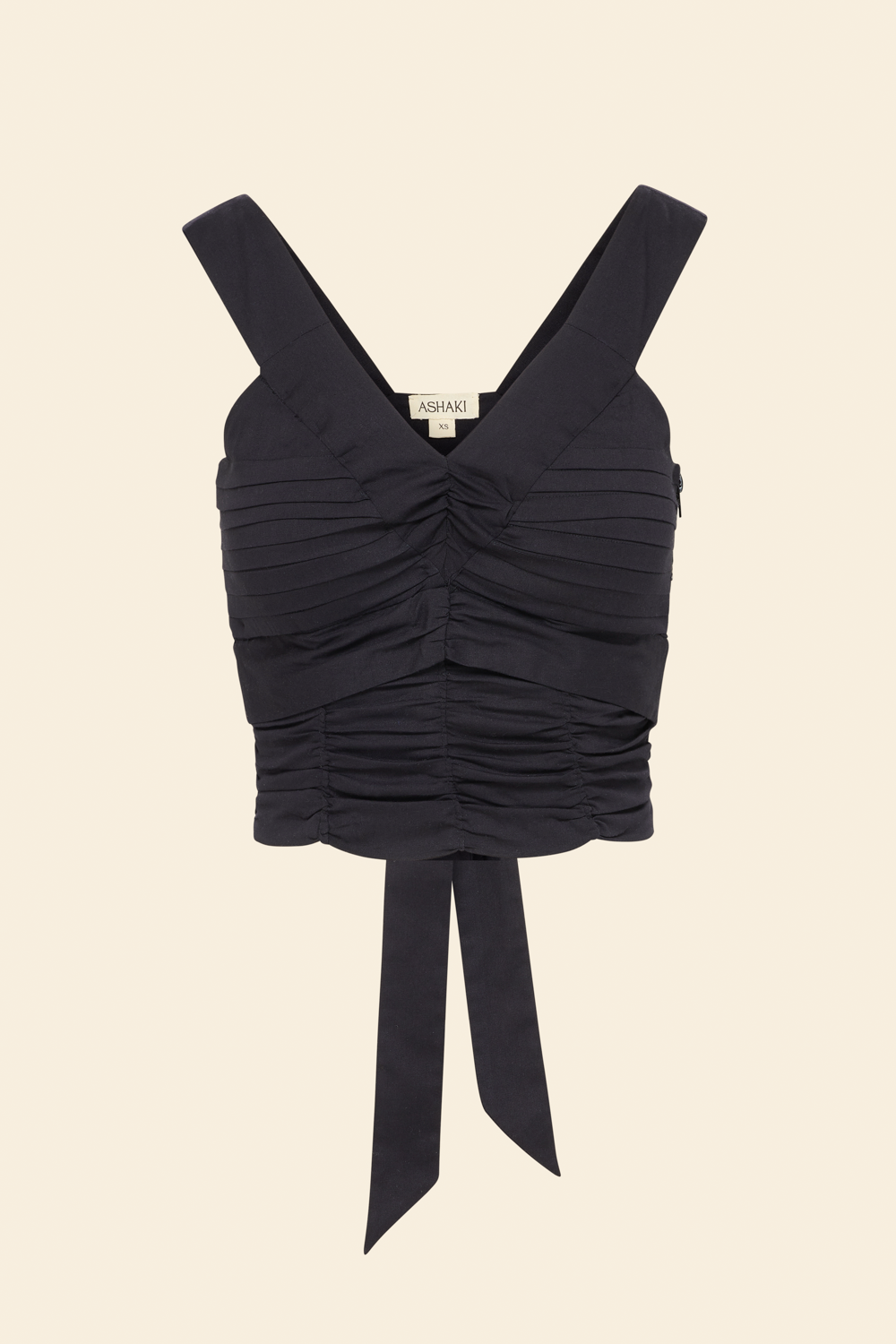 Black cotton-lycra bra top with a V-neckline, pleated detailing, and an empire bow back