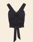 Black cotton-lycra bra top with a V-neckline, pleated detailing, and an empire bow back