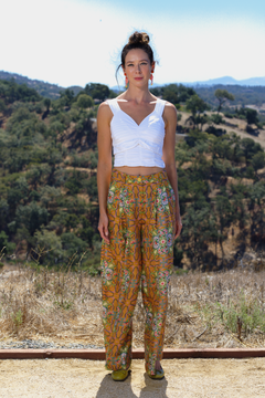 Cherry Blossom Print Silk Pleat Front Pant, Keli