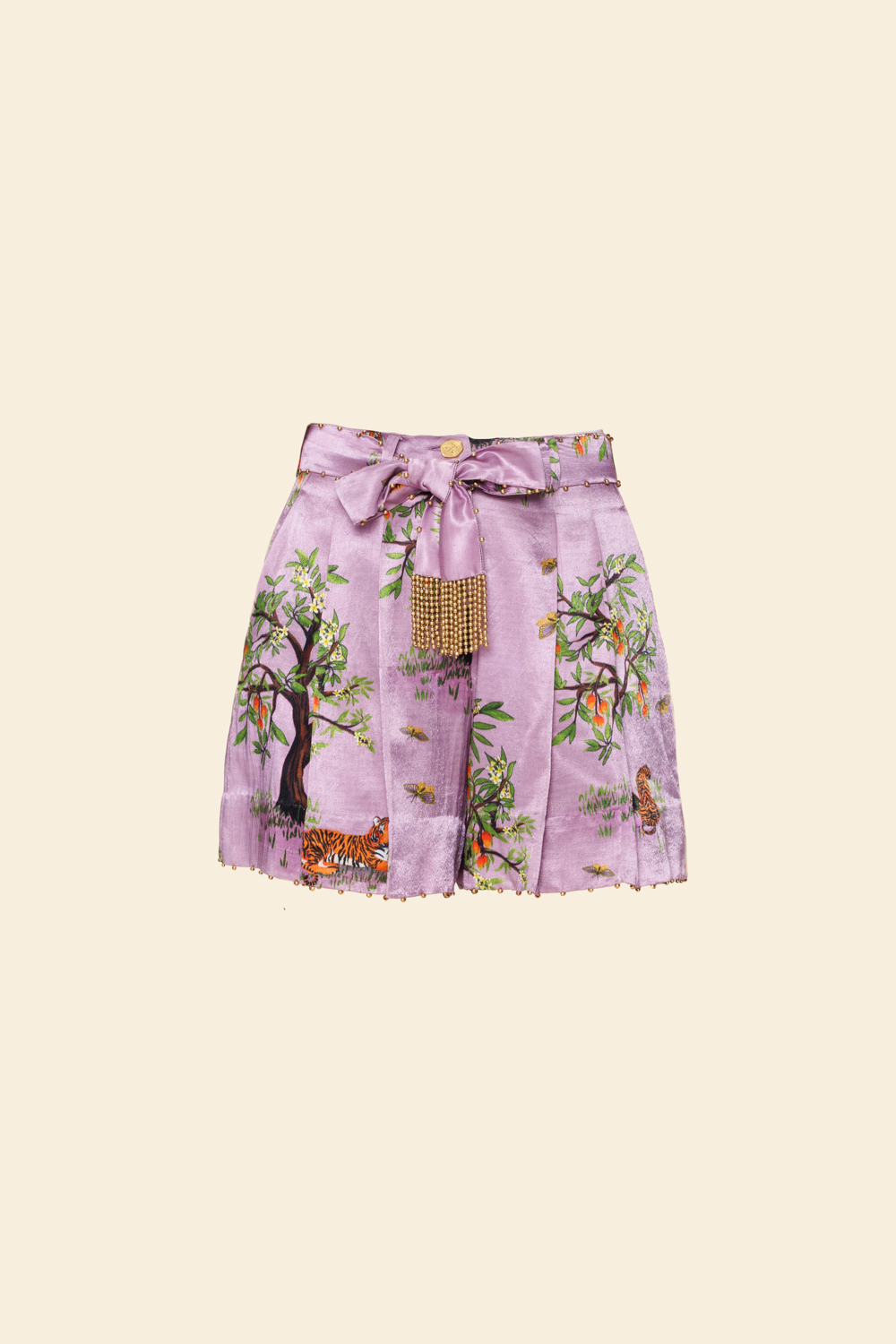 Pleated mini shorts with a floral pattern, a purple waistband, and a detachable embellished belt with gold accents.