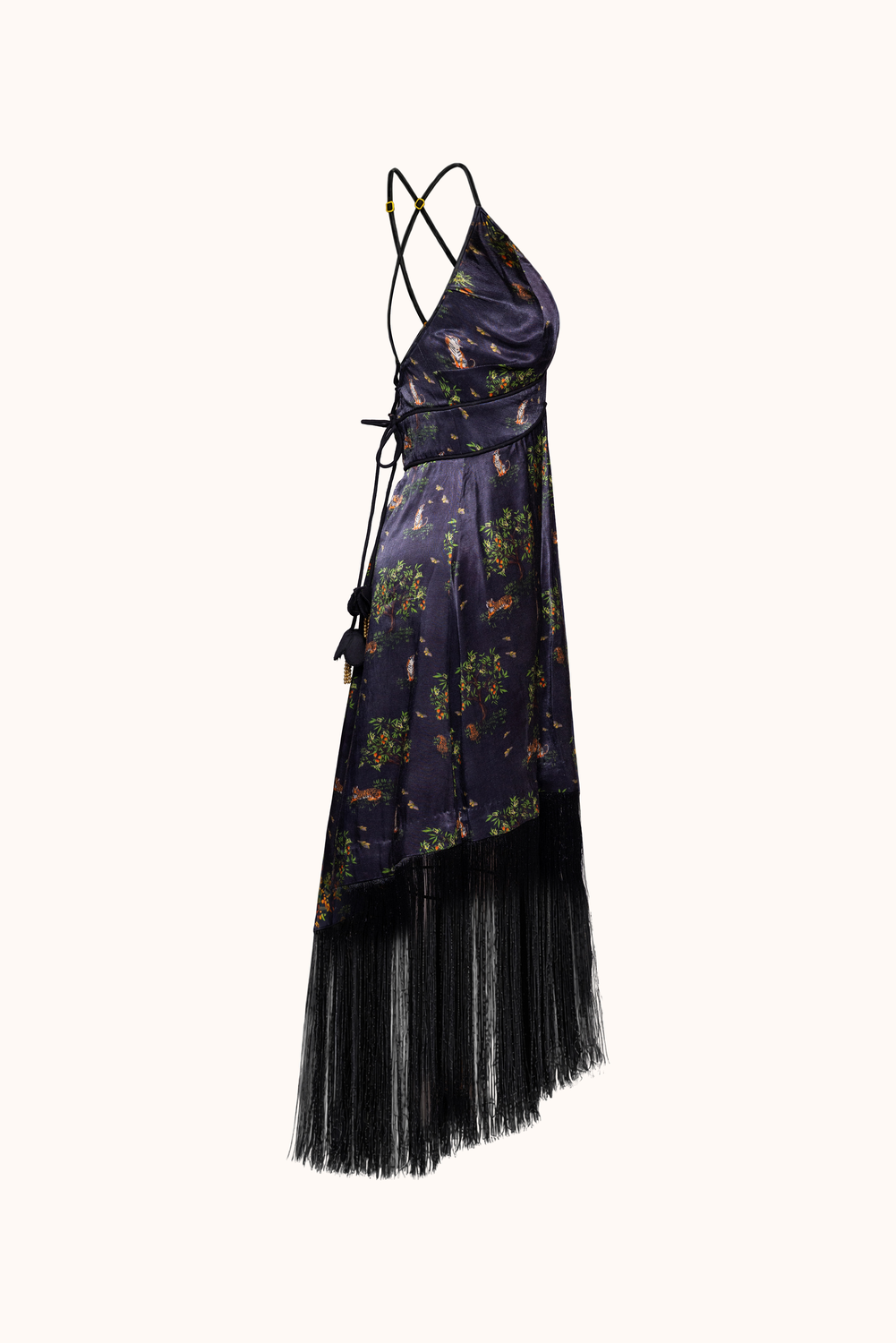 Shanti Tiger Black Backless Fringe Midi Dress
