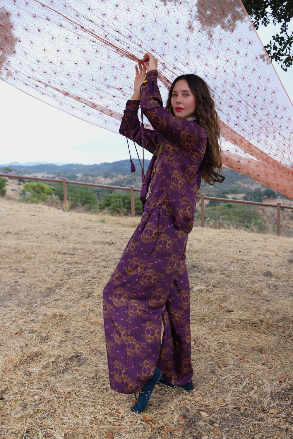 Tiger Printed Silk Pleat Front Pant, Tarala