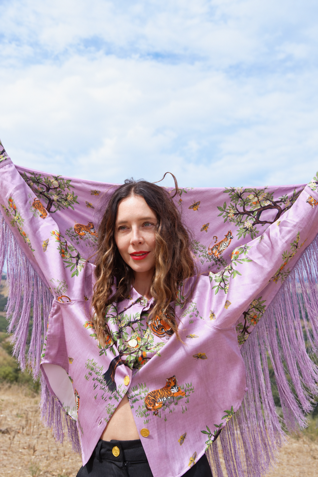 Shanti Tiger Lilac Fringe Triangle Scarf