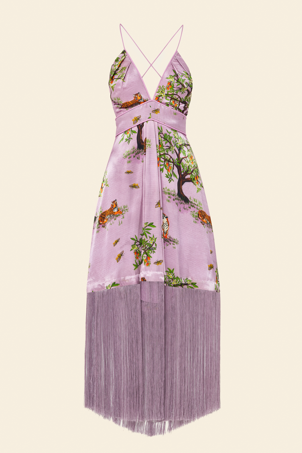 A pink midi dress with a floral print, an empire waist, adjustable rope straps, and a high-low hem with fringe trim.