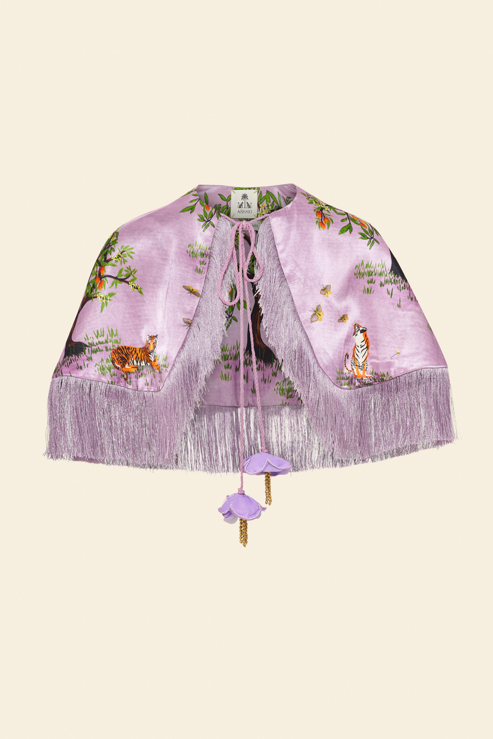Purple cape with animal prints on a beige background
