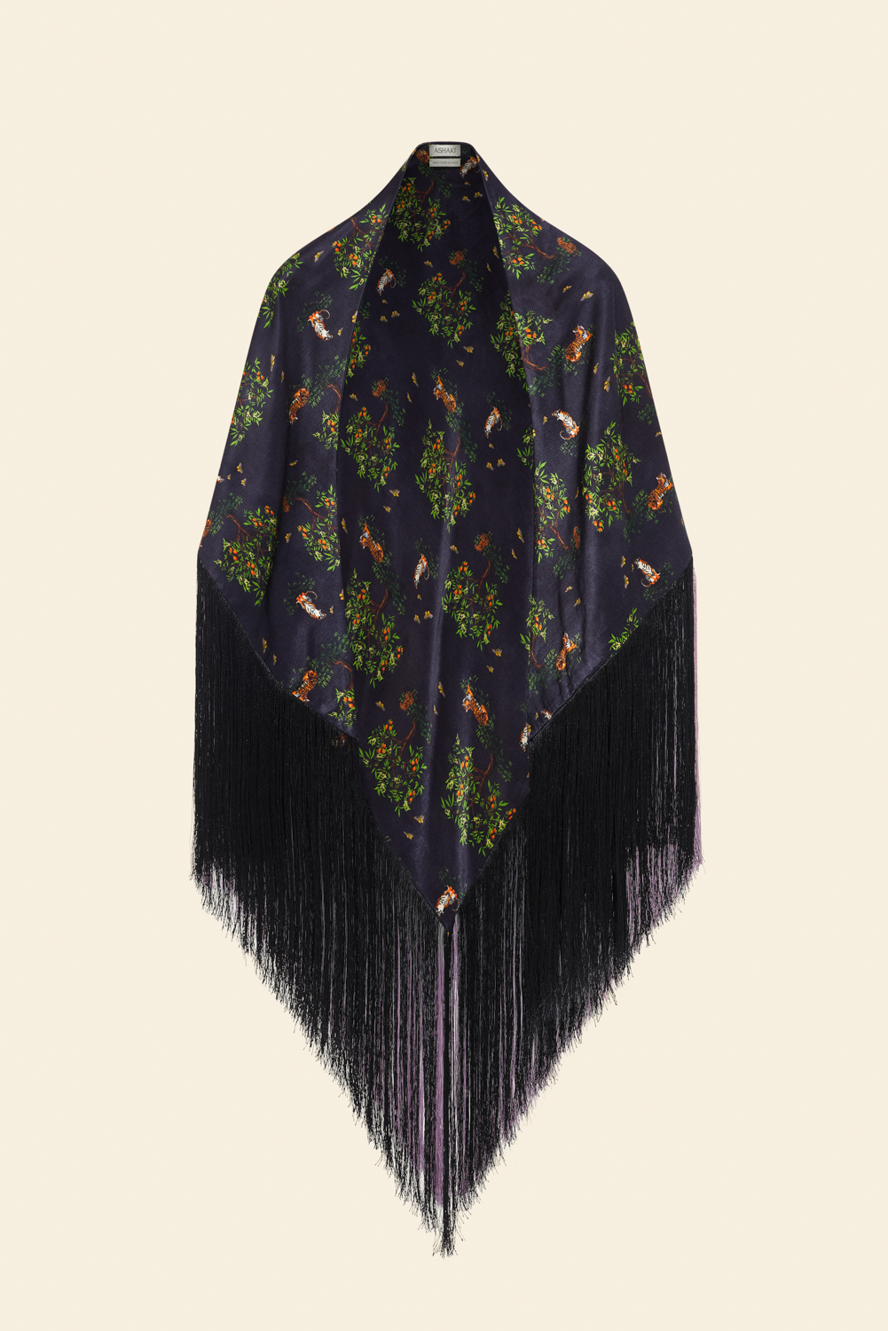 A navy blue viscose scarf with a floral pattern and fringe detailing along the edges.