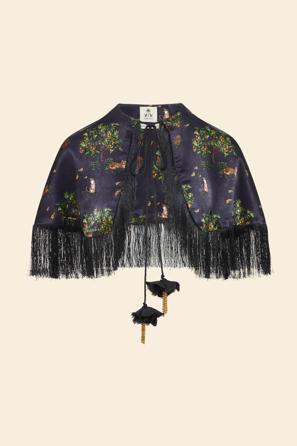 A navy blue fringe cape with a floral pattern and tassel detailing.