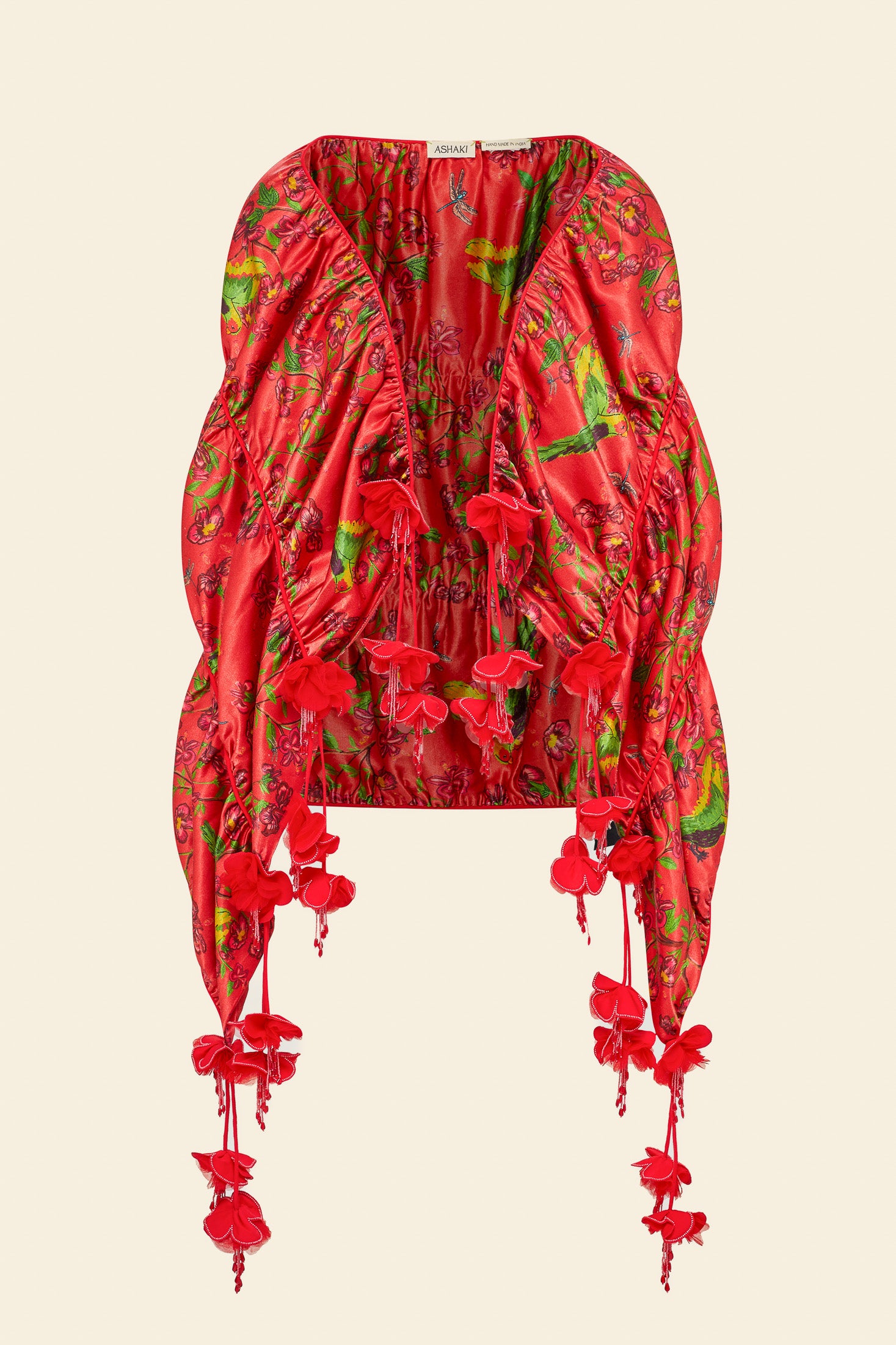 Red floral scarf with floral tassels and green parakeet print