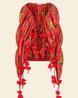Red floral scarf with floral tassels and green parakeet print
