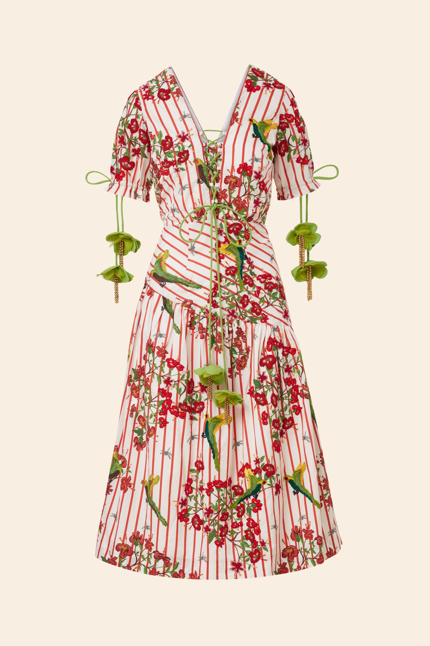Red and white striped dress with floral and bird pattern on a beige background