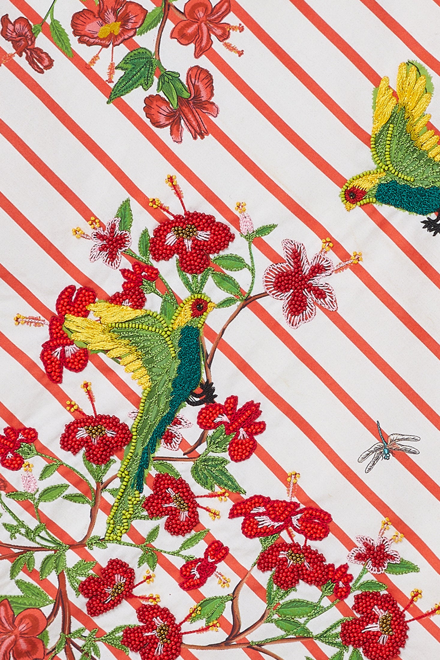 Embroidered design of birds and flowers on a striped background