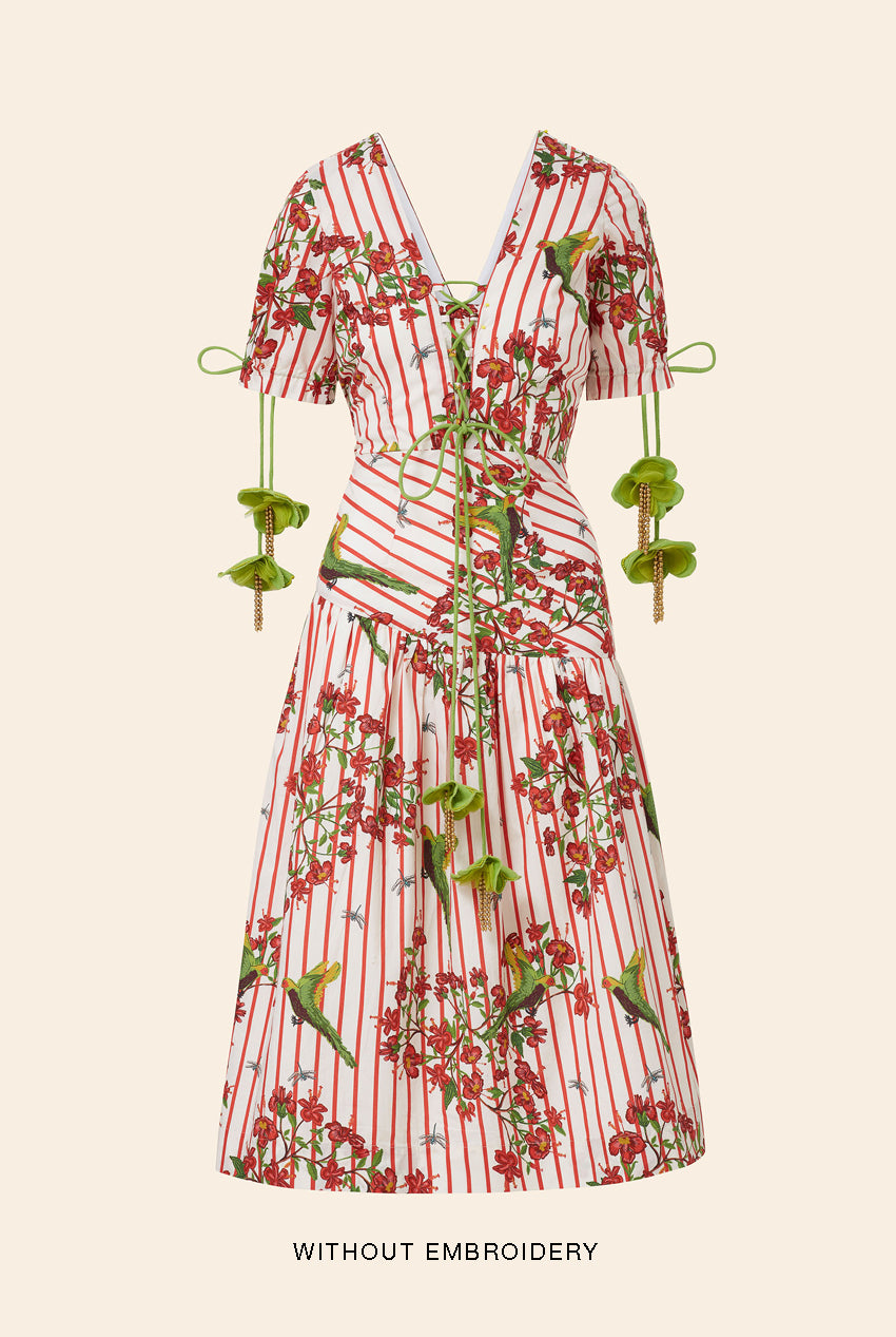 Red and white striped dress with a floral and bird pattern on a beige background