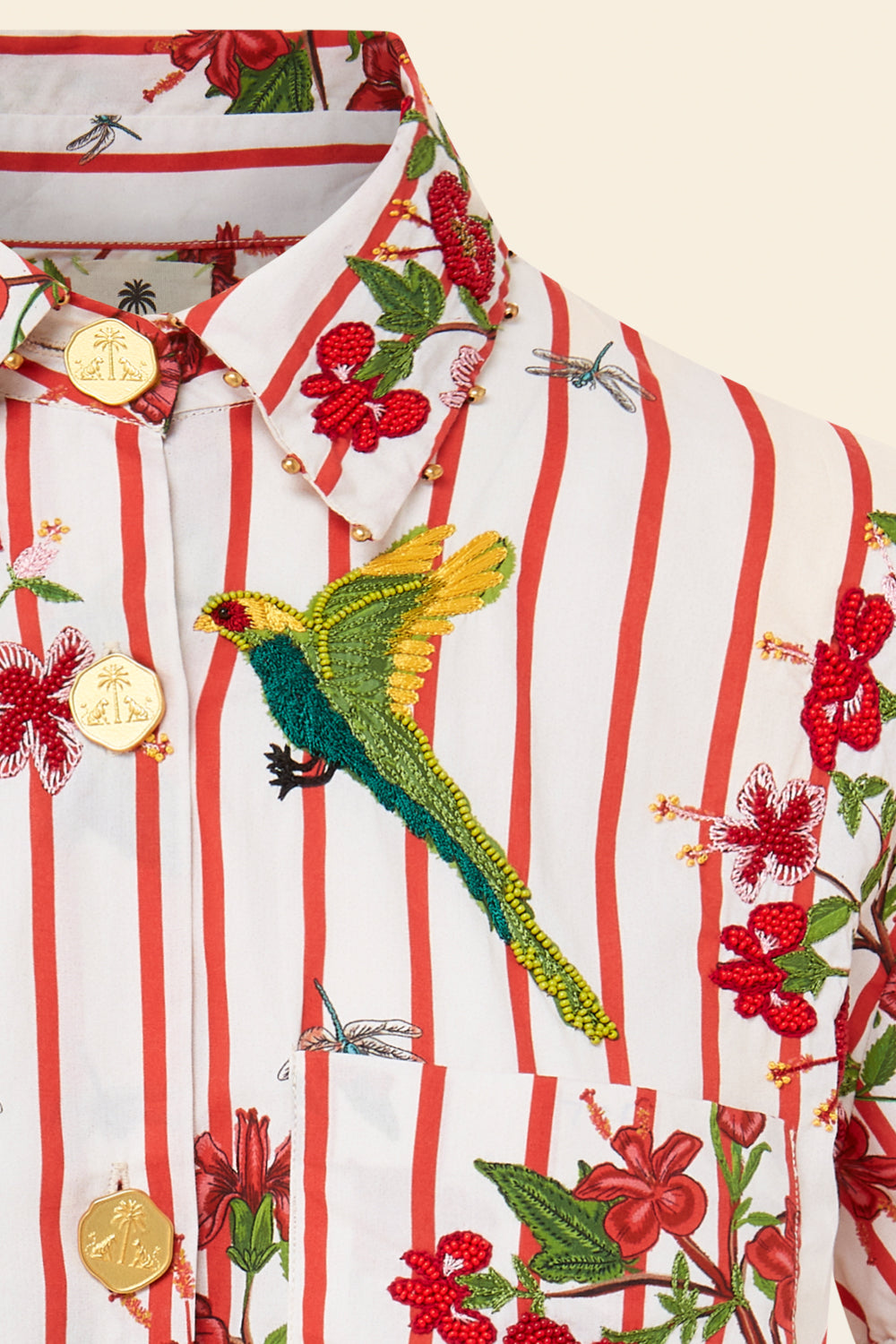 Close-up of a colorful shirt with floral and bird patterns on a white background