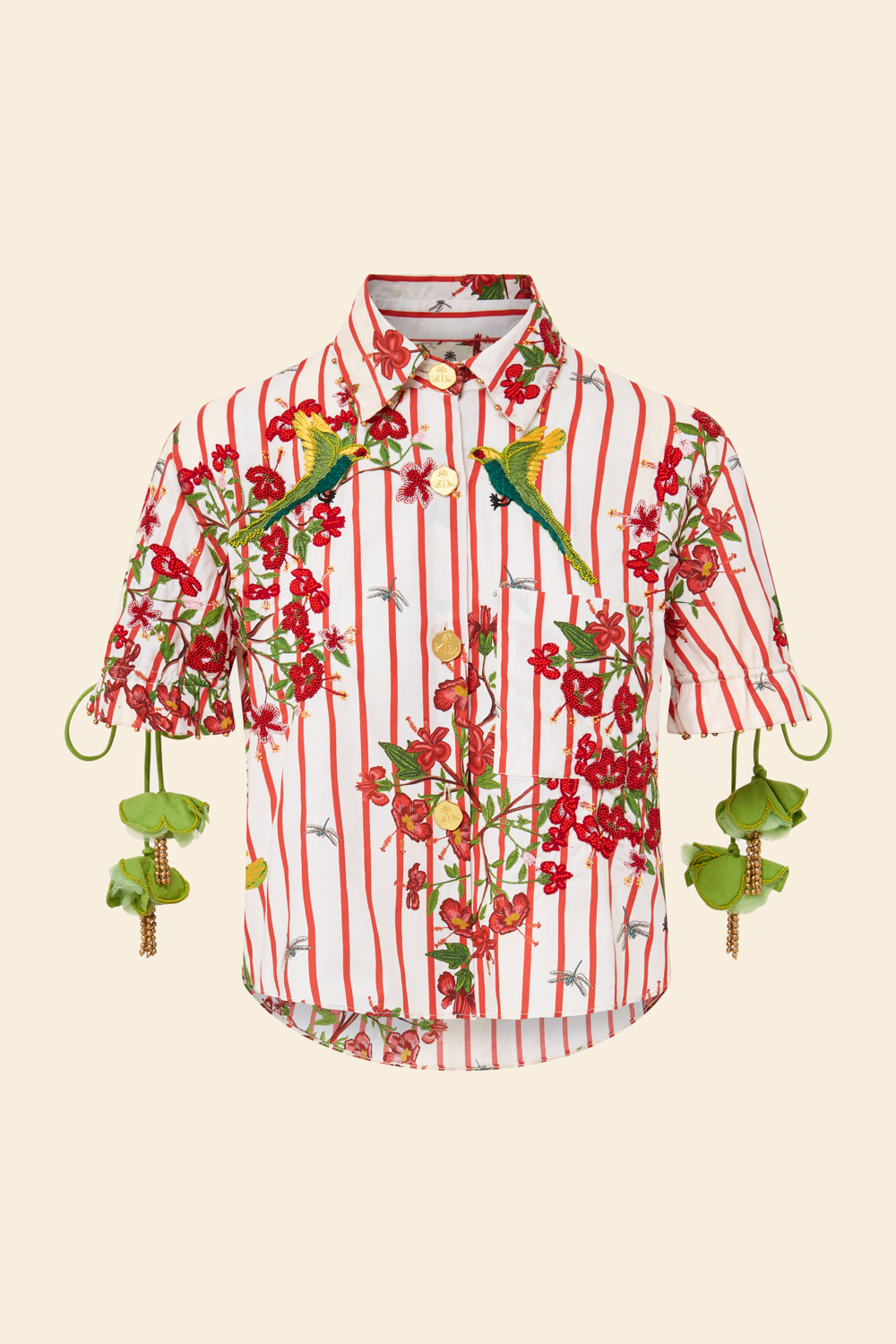 A short-sleeved embroidered shirt with a floral pattern and red and white stripes, featuring green leaf embellishments.