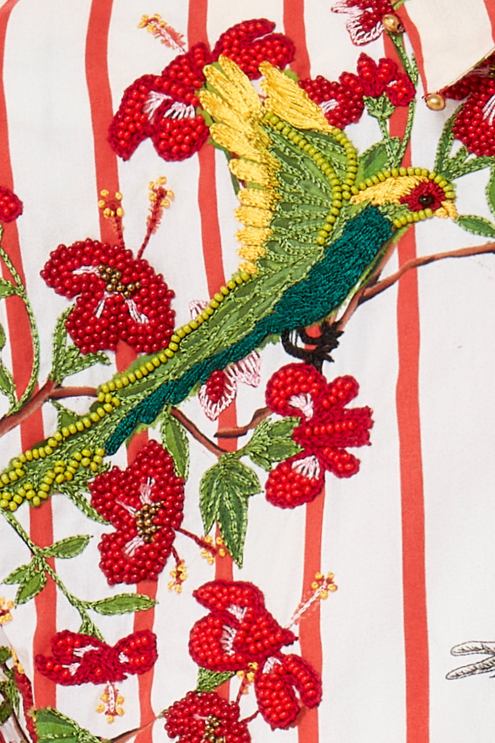 Embroidered design of a parrot and red flowers on a striped background
