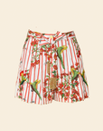 Shorts with a colorful parrot and floral pattern on a beige background