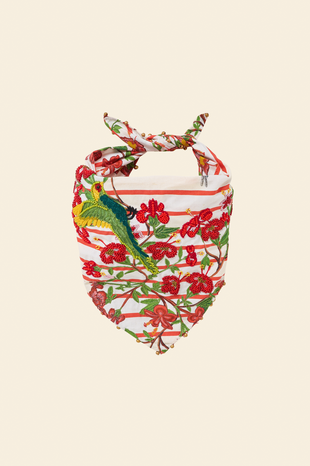 A multicolored square scarf with a floral pattern and embroidered details, displayed against a neutral background.