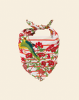 A multicolored square scarf with a floral pattern and embroidered details, displayed against a neutral background.