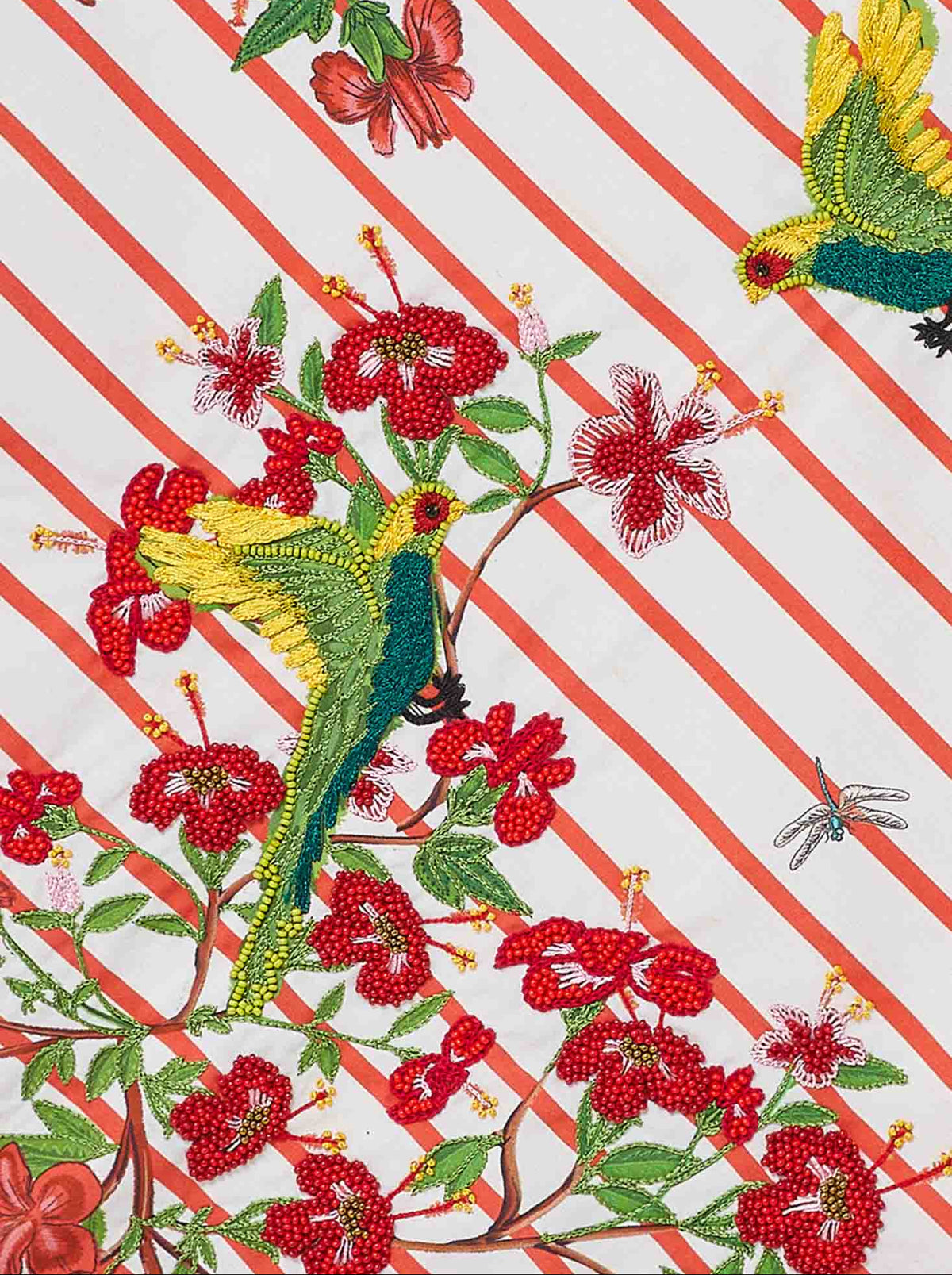 Embroidered design of hummingbirds and flowers on a striped background