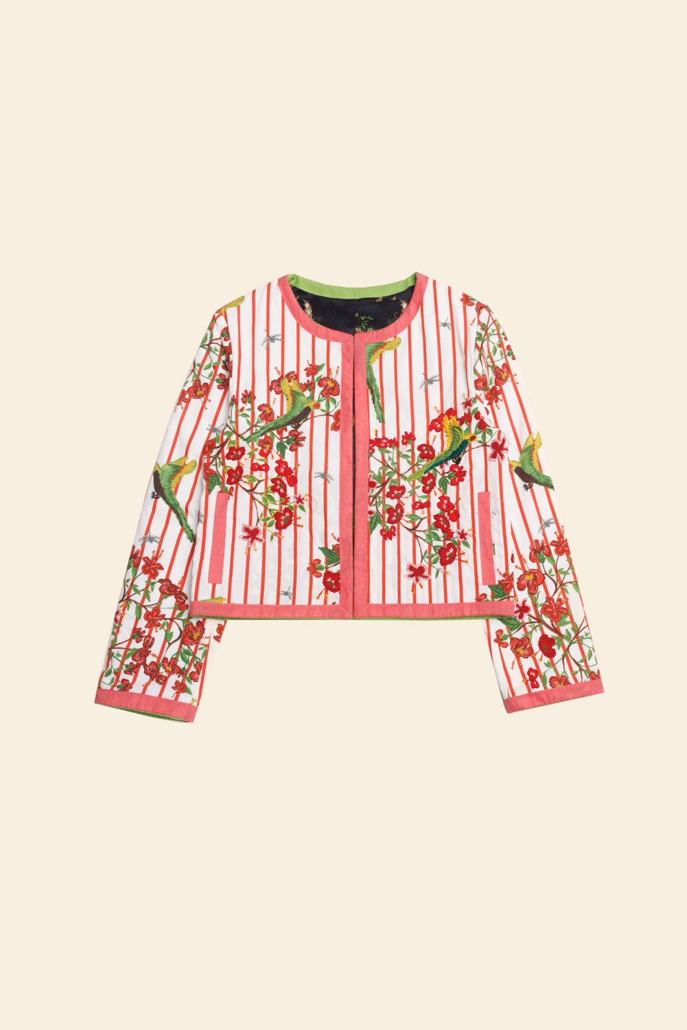 Floral and striped jacket on a beige background