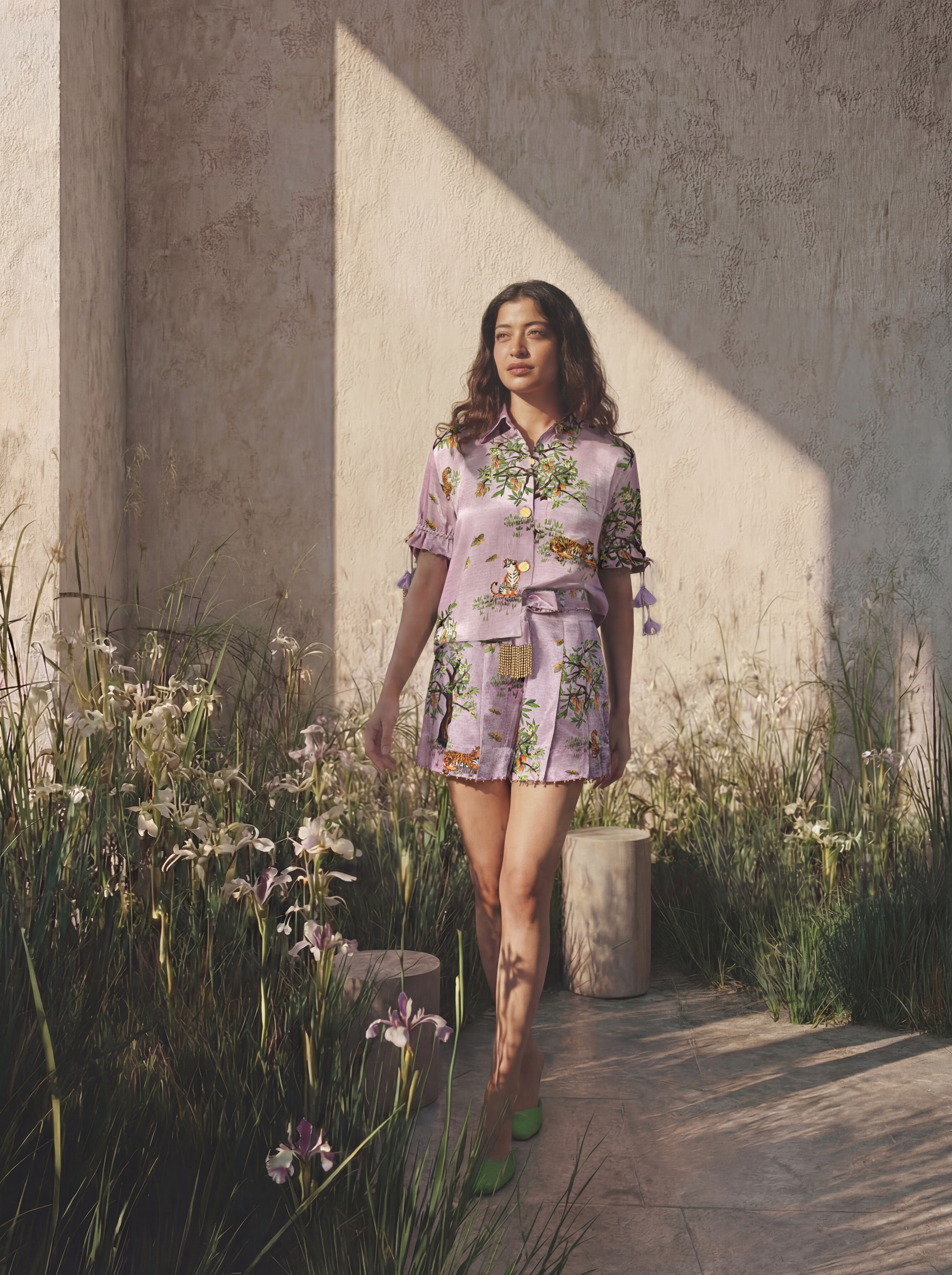 The Lilac Shanti Tiger Pleated Shorts