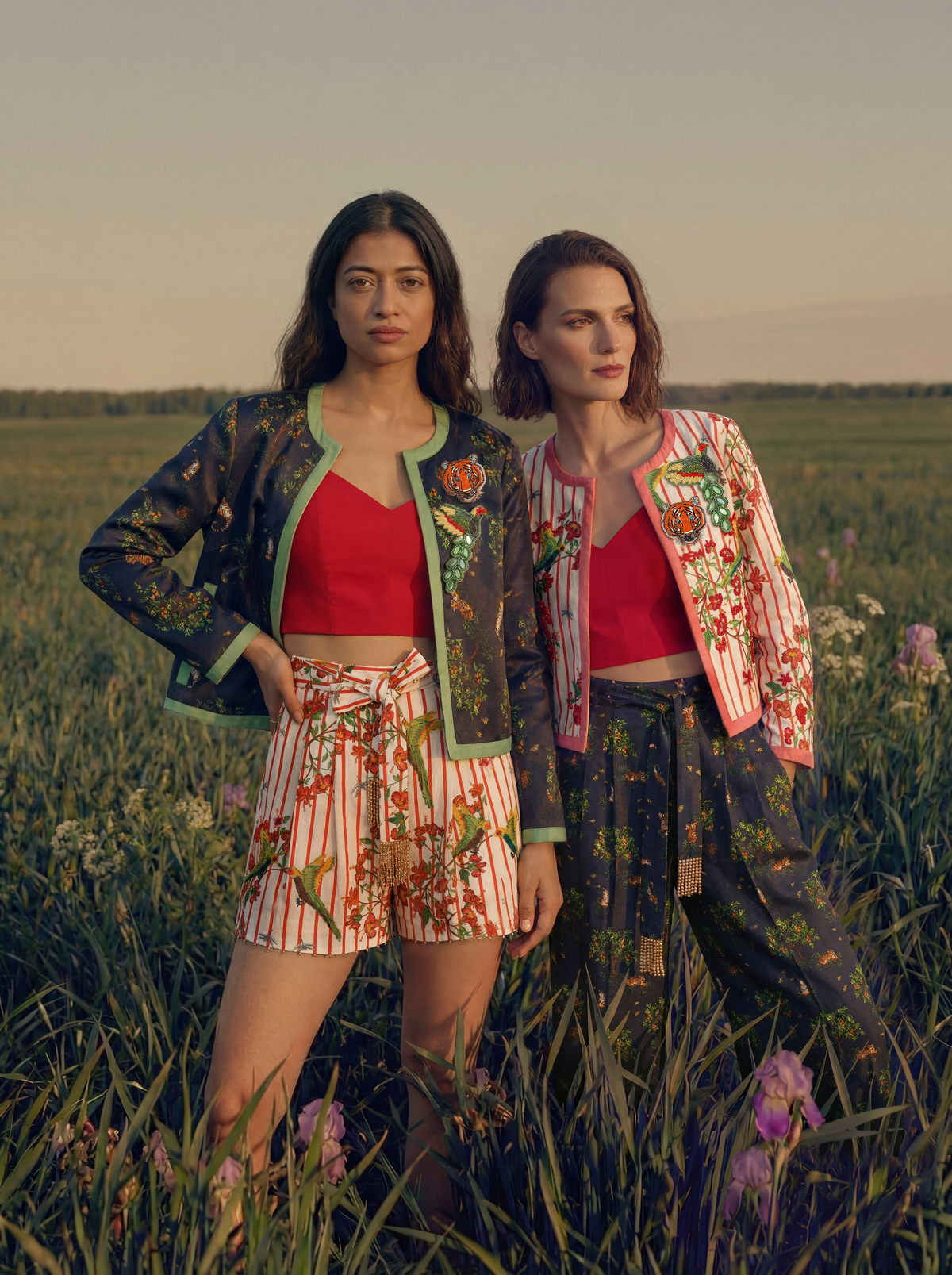 Two women stand confidently in a grassy field at sunset, surrounded by purple wildflowers. They wear matching jackets, red tops, and The Maya Striped Cotton Short.