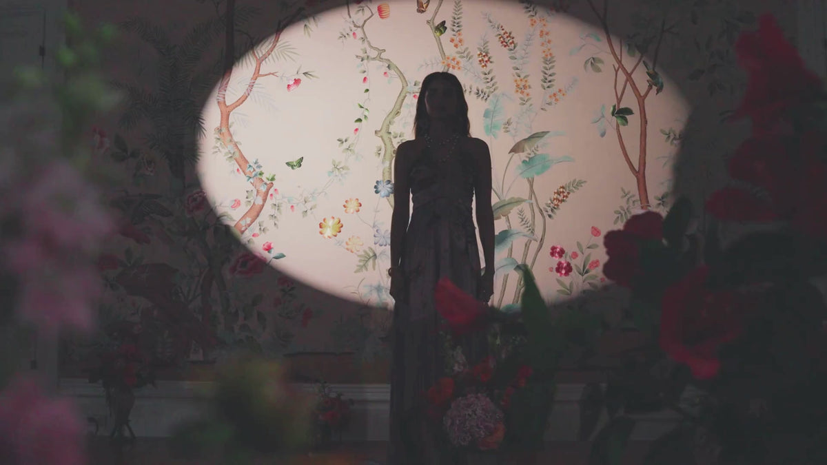 A dancer spins gracefully in a lilac dress beneath a spotlight, framed by vintage floral wallpaper.