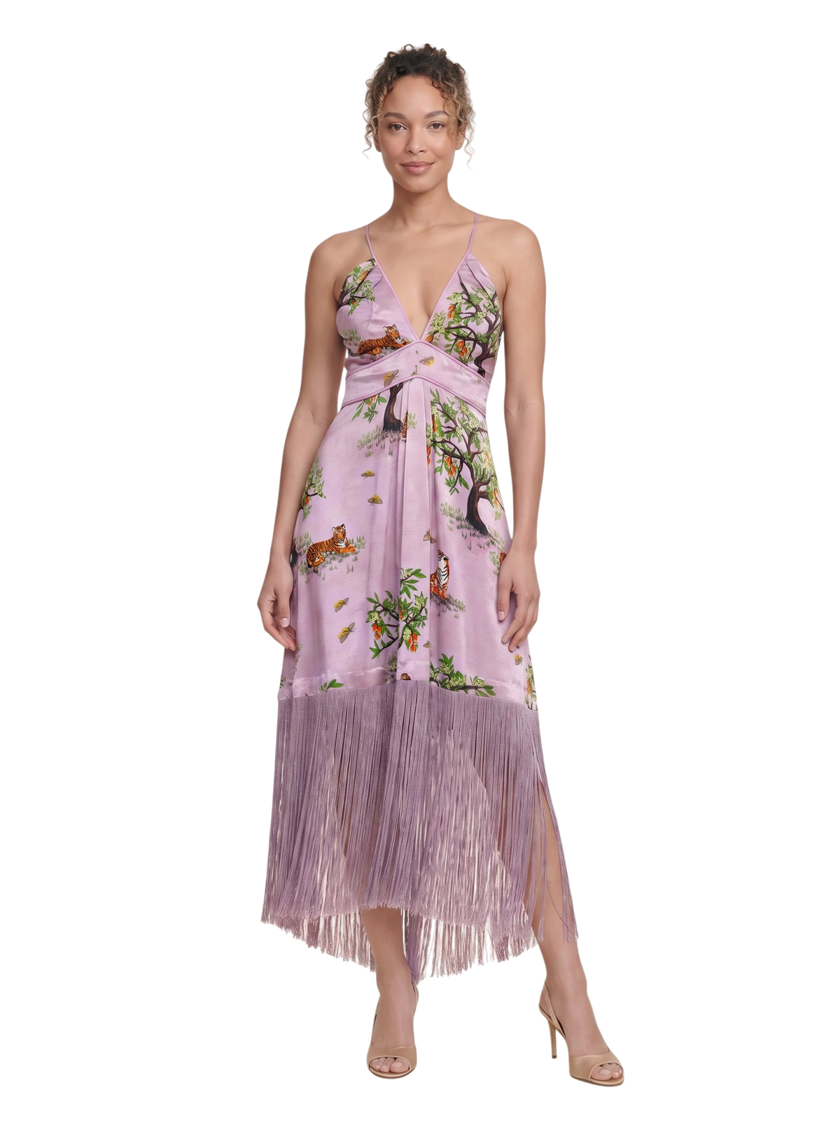 The Shanti Lilac Tiger Backless Fringe Dress on model, front
