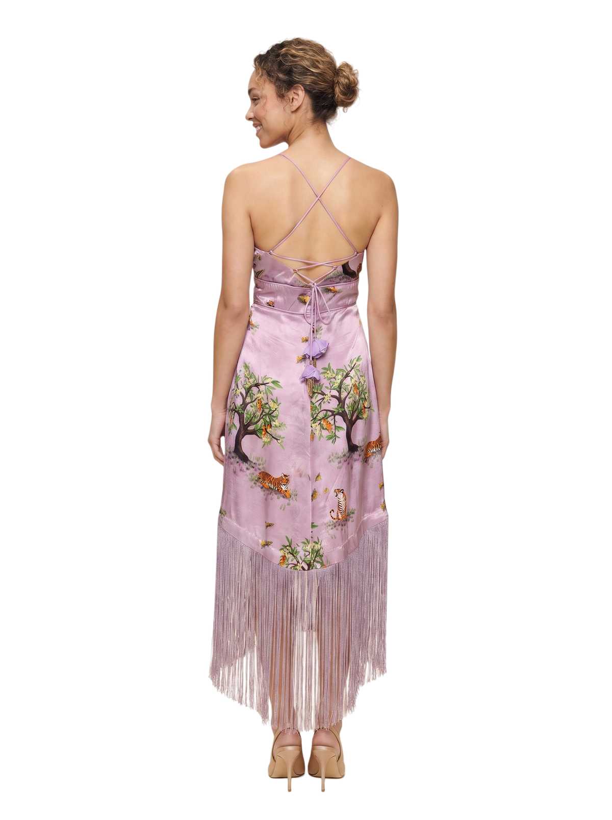 The Shanti Lilac Tiger Backless Fringe Dress on model, back