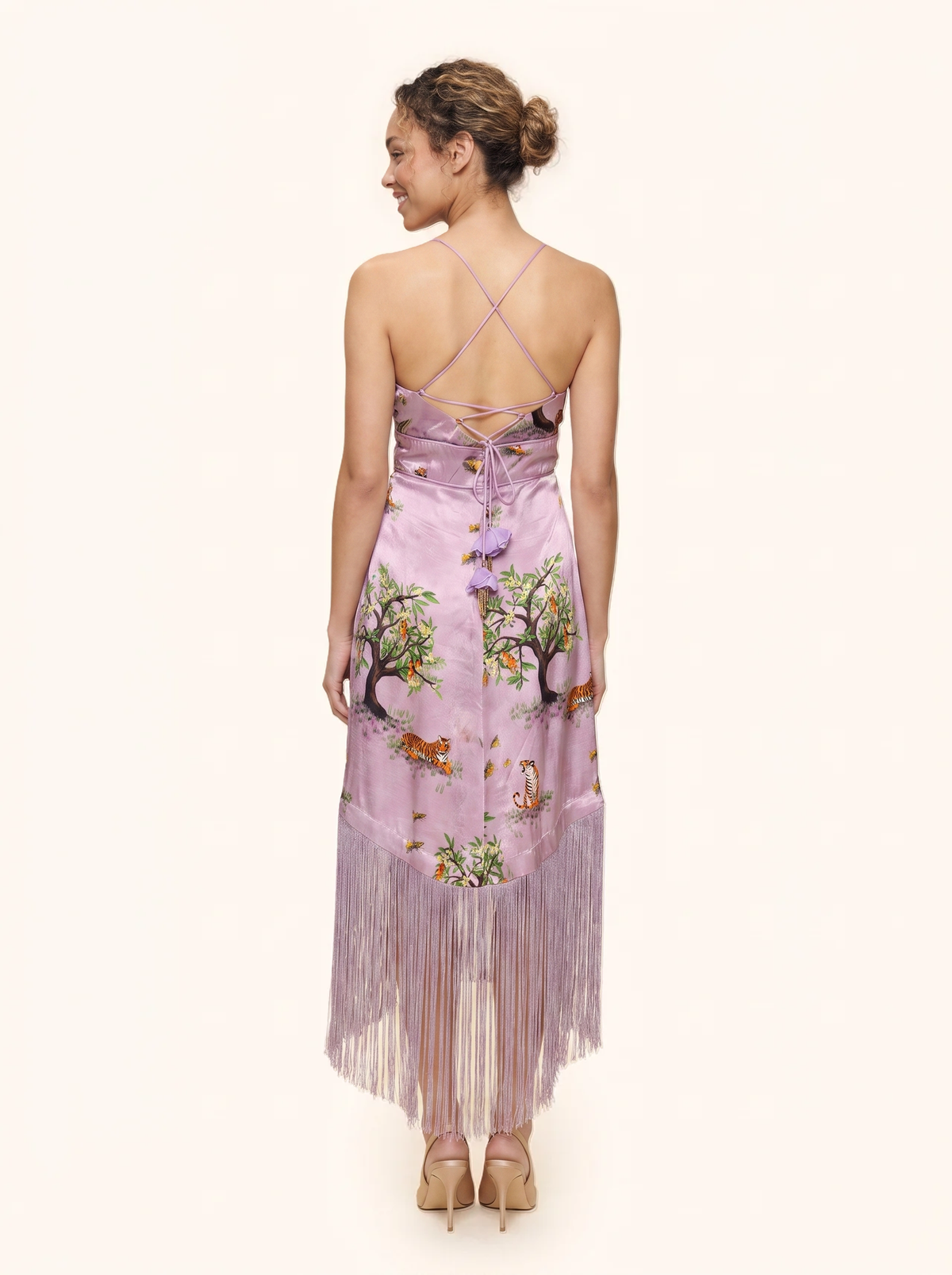 Lilac Shanti Tiger Backless Fringe Dress