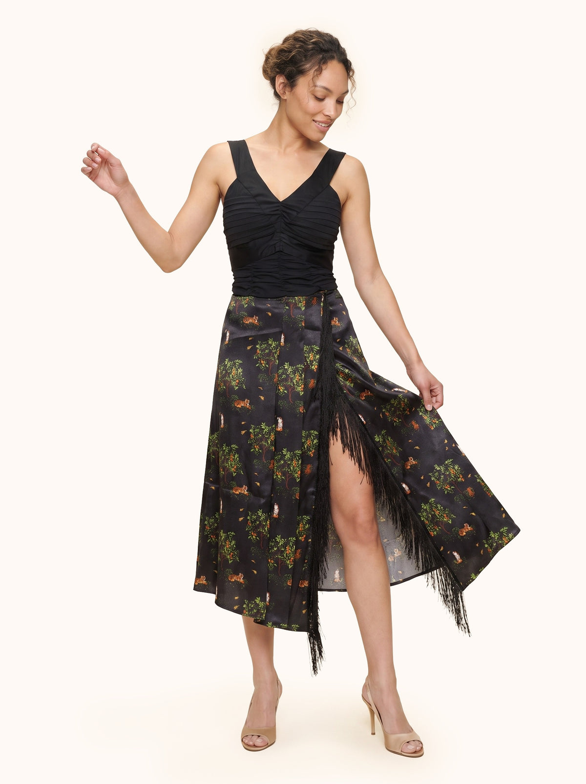 The Black Shanti Tiger Pleat Skirt with Fringe